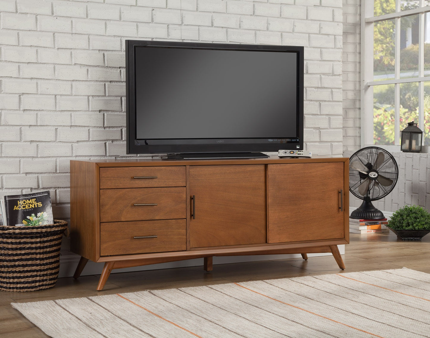 Brown Wood 64 Inch TV Stand With Sliding Door And Drawers