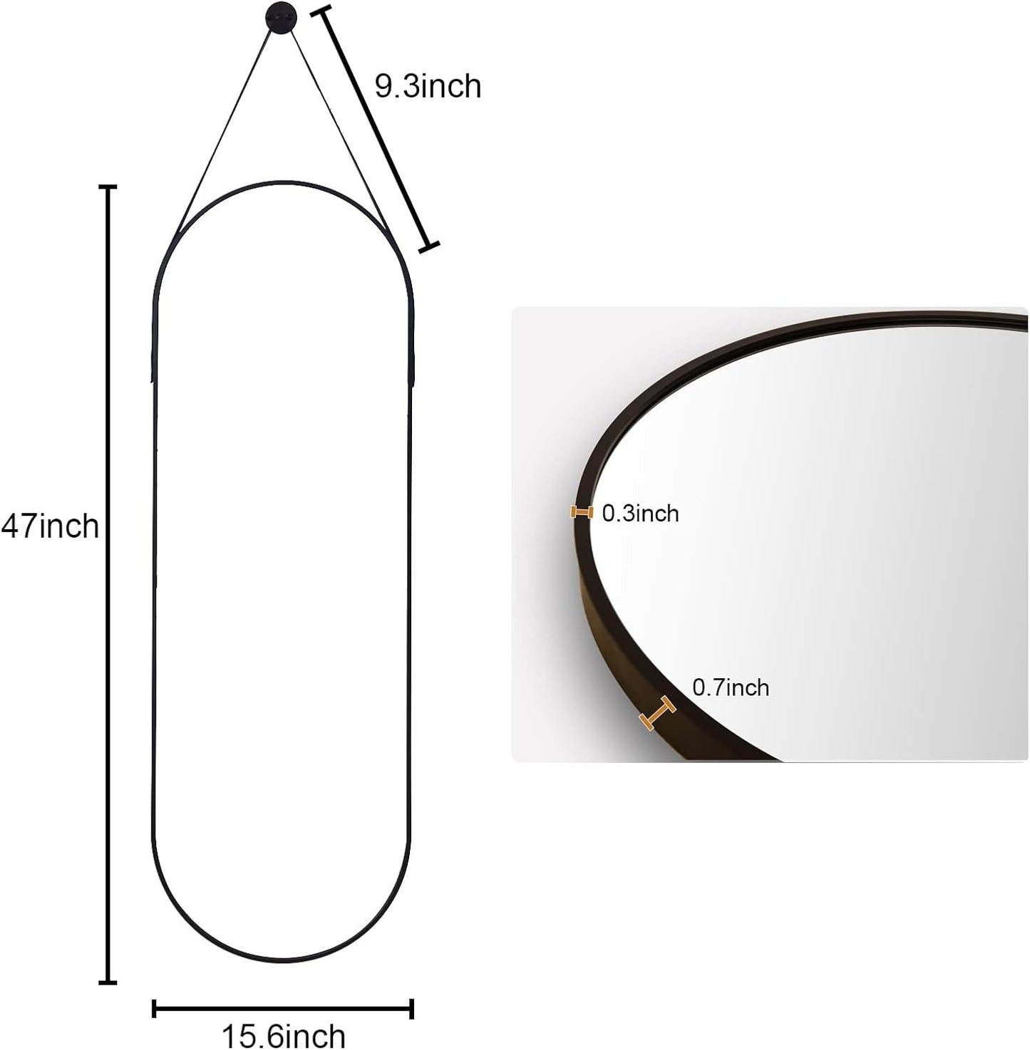 16"X48" Oval Hanging Mirror with Leather Strap Full Length Mirror Aluminum Frame Wall-Mounted Hanging Mirrors for Bathroom Vanity Living Room Bedroom Entryway Decor