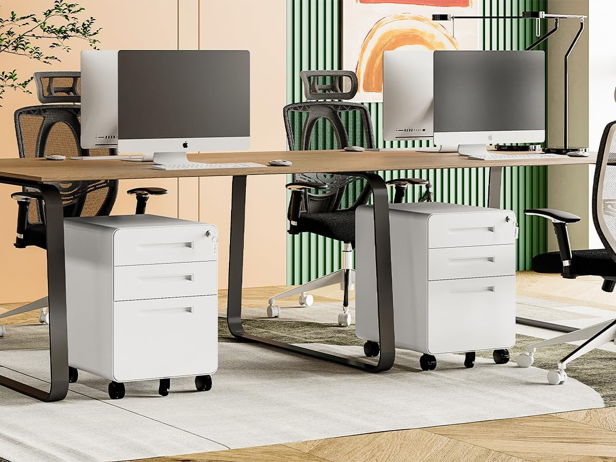 Mobile Filing Cabinet 3 Drawer, White Small File Cabinet with Lock under Desk, Filing Cabinet for Home Office with Wheels, A4/Letter/Legal Hanging File Folders-4