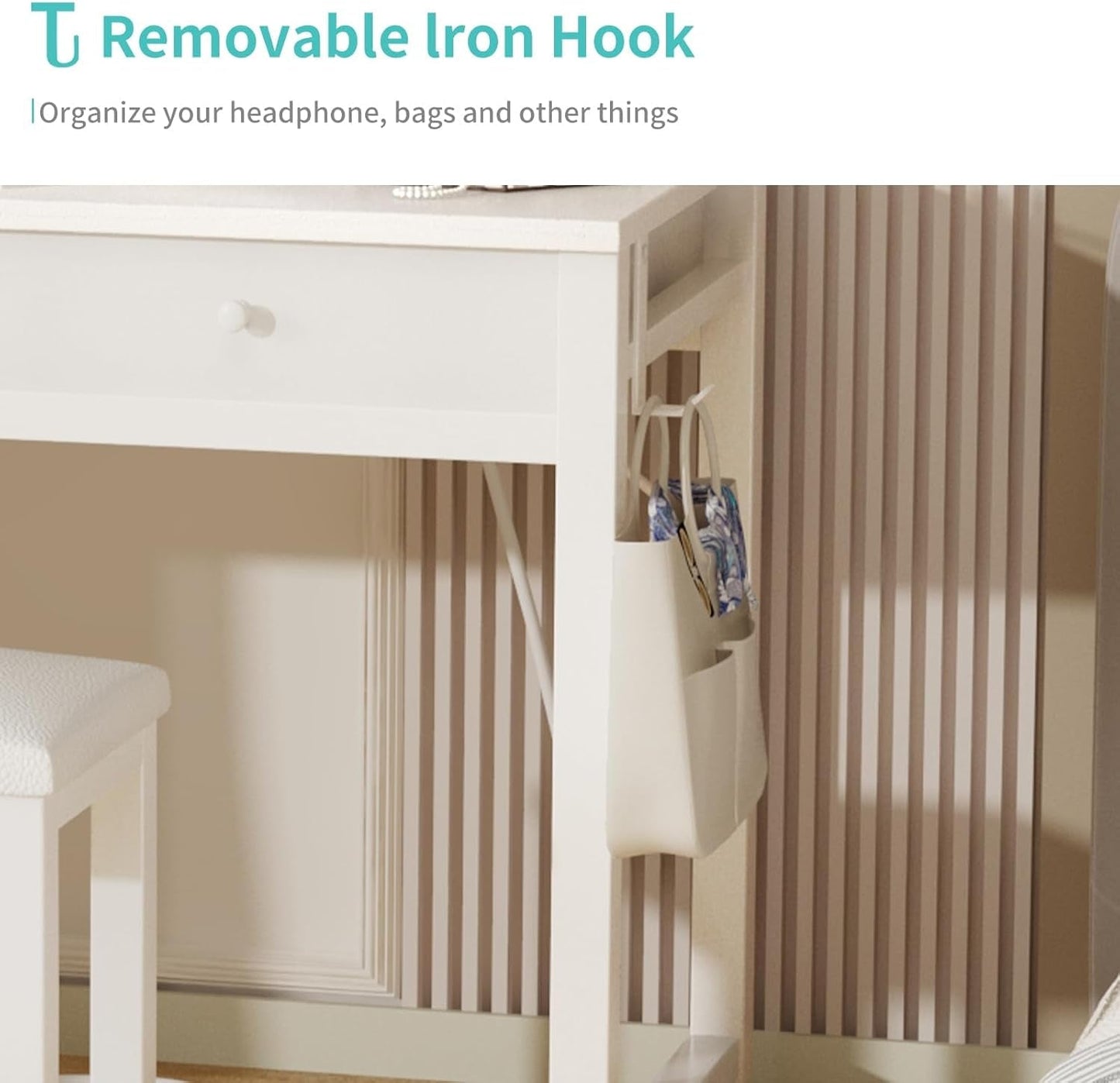 White Small Vanity Desk Mirror, Lights, Power, Chair