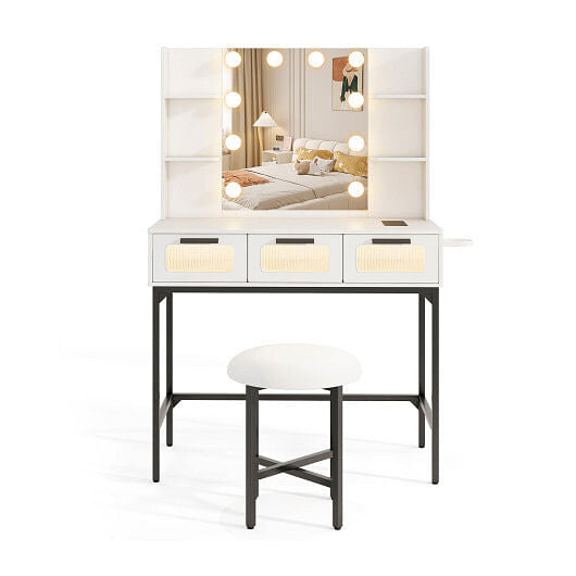 Bedroom Makeup Vanity Desk with Hollywood Mirror and Lights-White-4