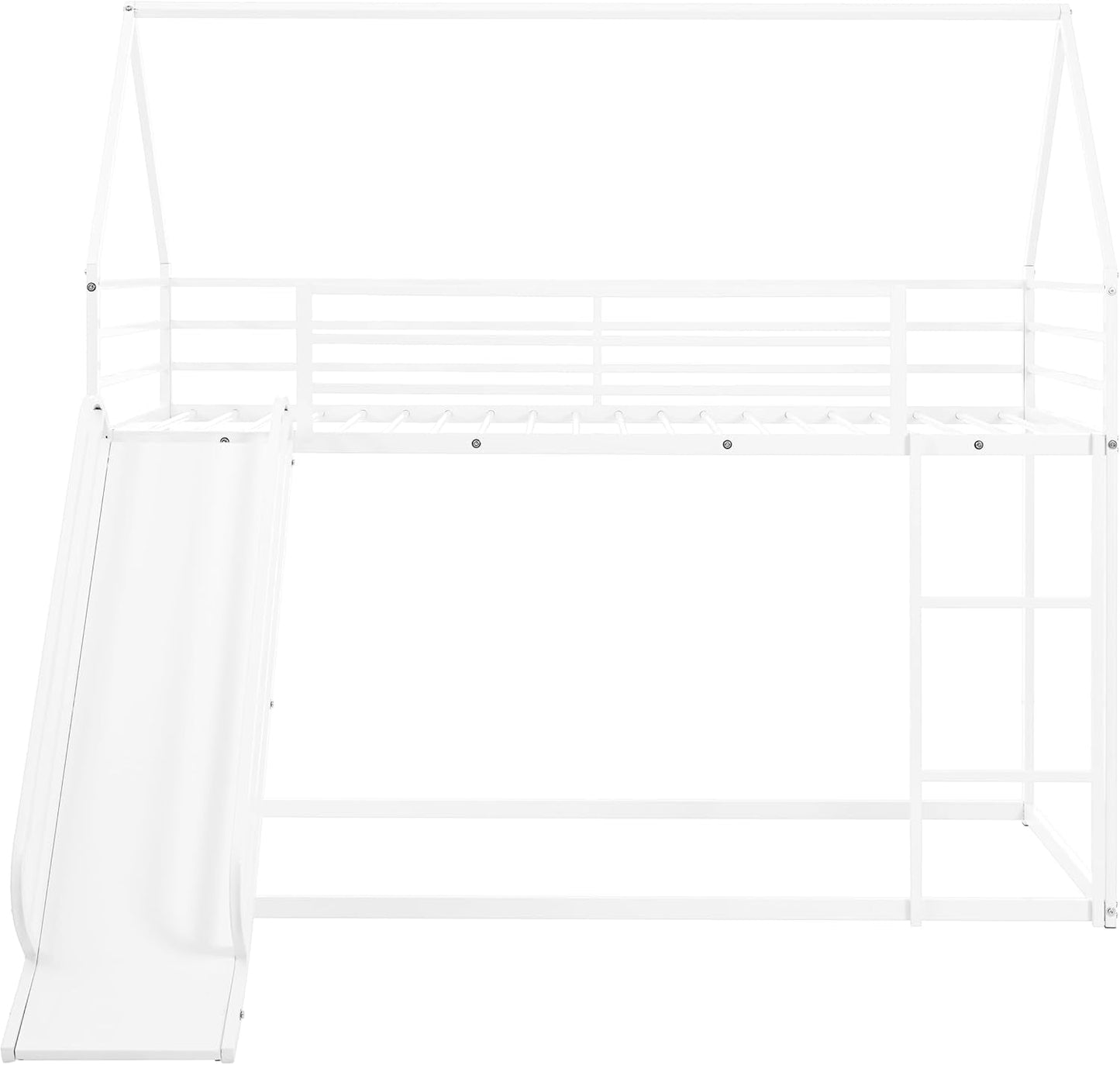 Twin over Twin Metal Floor Bunk Bed with Slide,Metal Junior House Twin Size House Bunk Bed Frame with Ladder & Roof for Boy Girl, No Box Spring Needed,Low Bunk Bed Frame with Convertible Slide