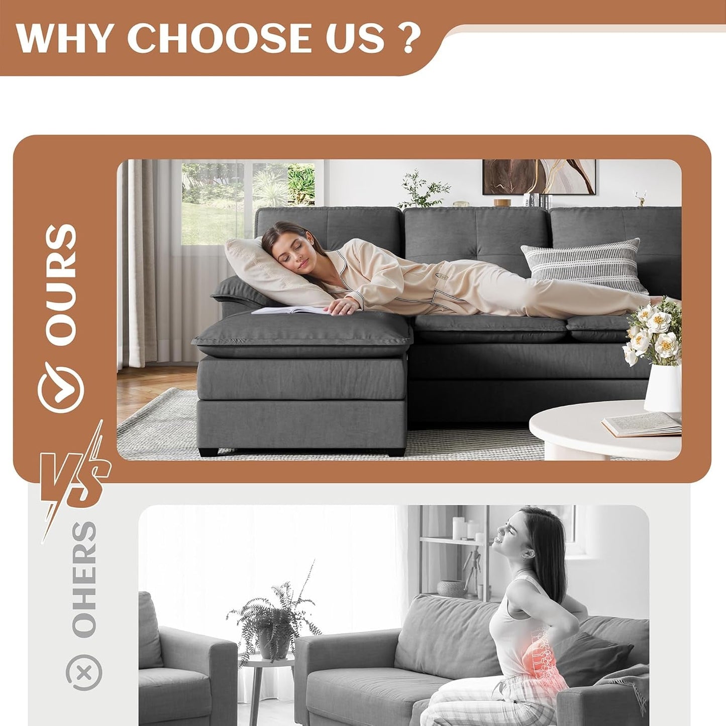 Comfy U-Shaped Sectional Couch with Chaise and Ottoman