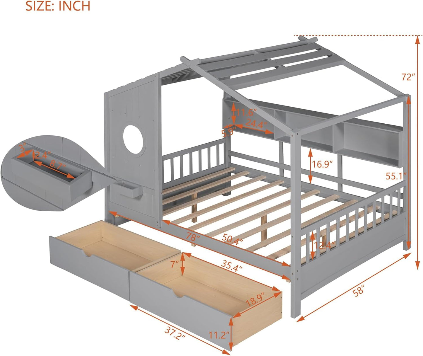 Kids Full Playhouse Bed with Drawers Shelves