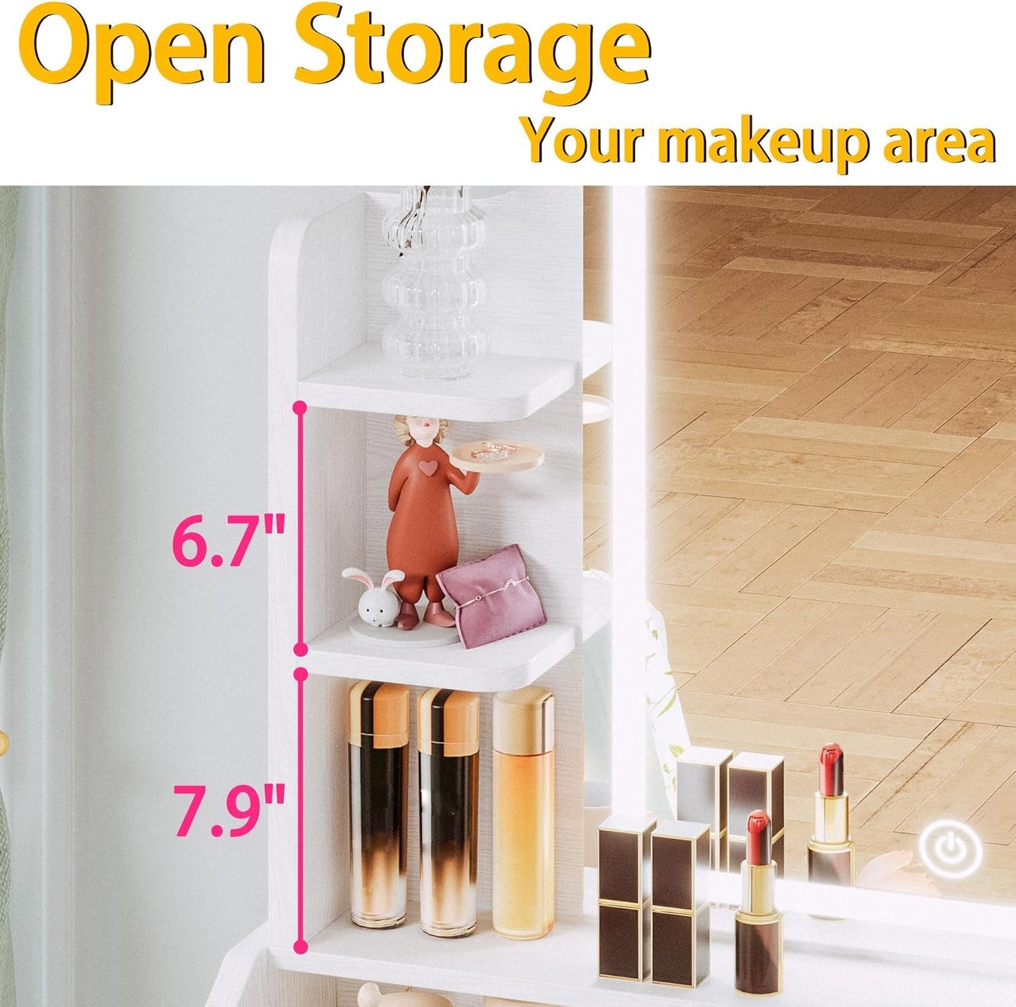 White Small Vanity Set Mirror, Lights, Storage, Chair