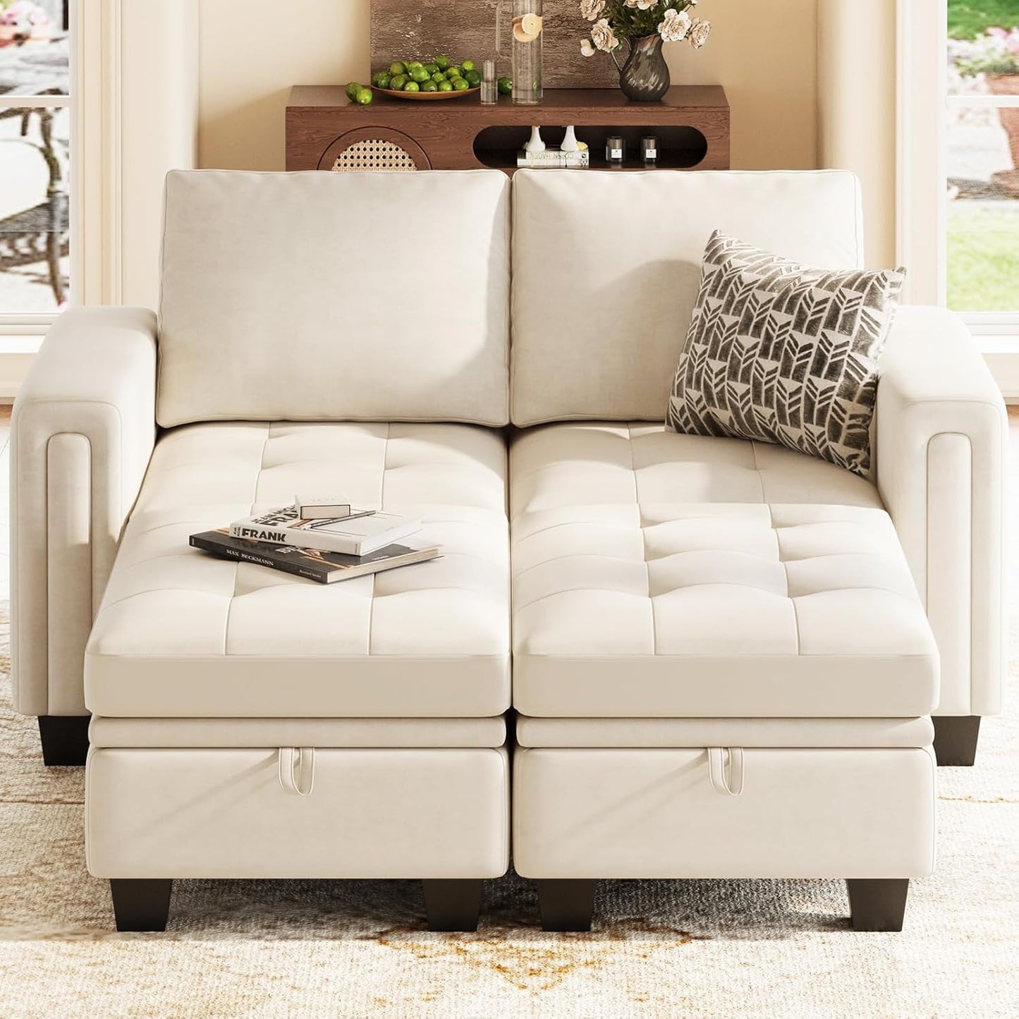 Velvet Modular Sectional Sofa Couch with Storage Convertible Sectional Sleeper Sofa Couch Bed Set with Reversible Chaise Beige