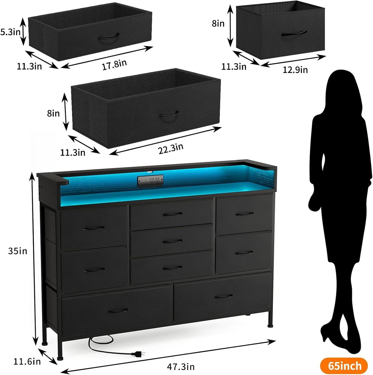 Black LED Dresser, Dresser with 9 Drawers and Charging Station, Fabric Chest of Drawers with PU Finish for Kid Room, Entryway, Living Room, Hallway-1
