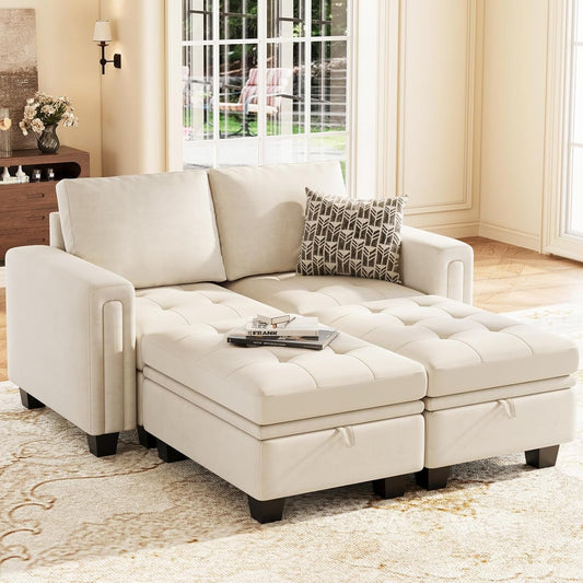 Velvet Modular Sectional Sofa Couch with Storage Convertible Sectional Sleeper Sofa Couch Bed Set with Reversible Chaise Beige