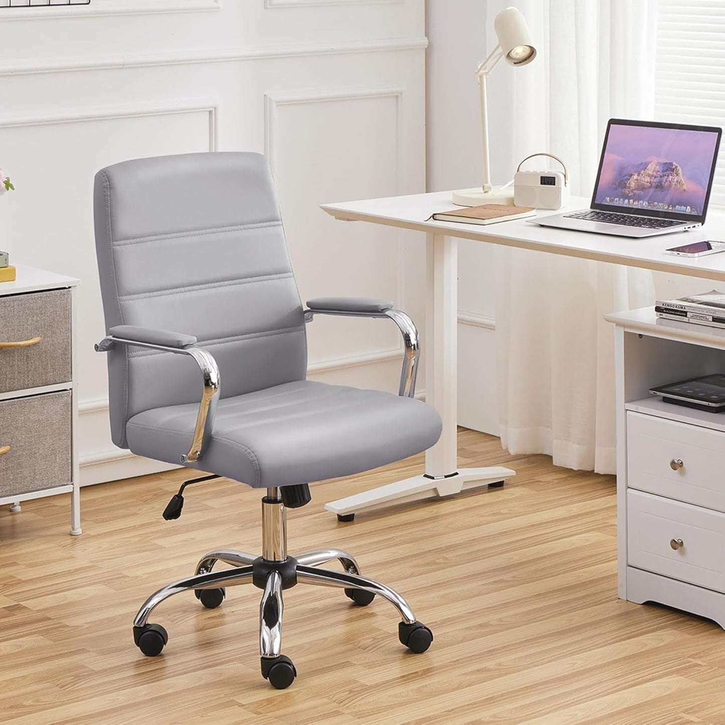 Mid-Back Office Chair with Arms Swivel PU Leather Height Adjustable Office Executive Chair, Light Gray-1