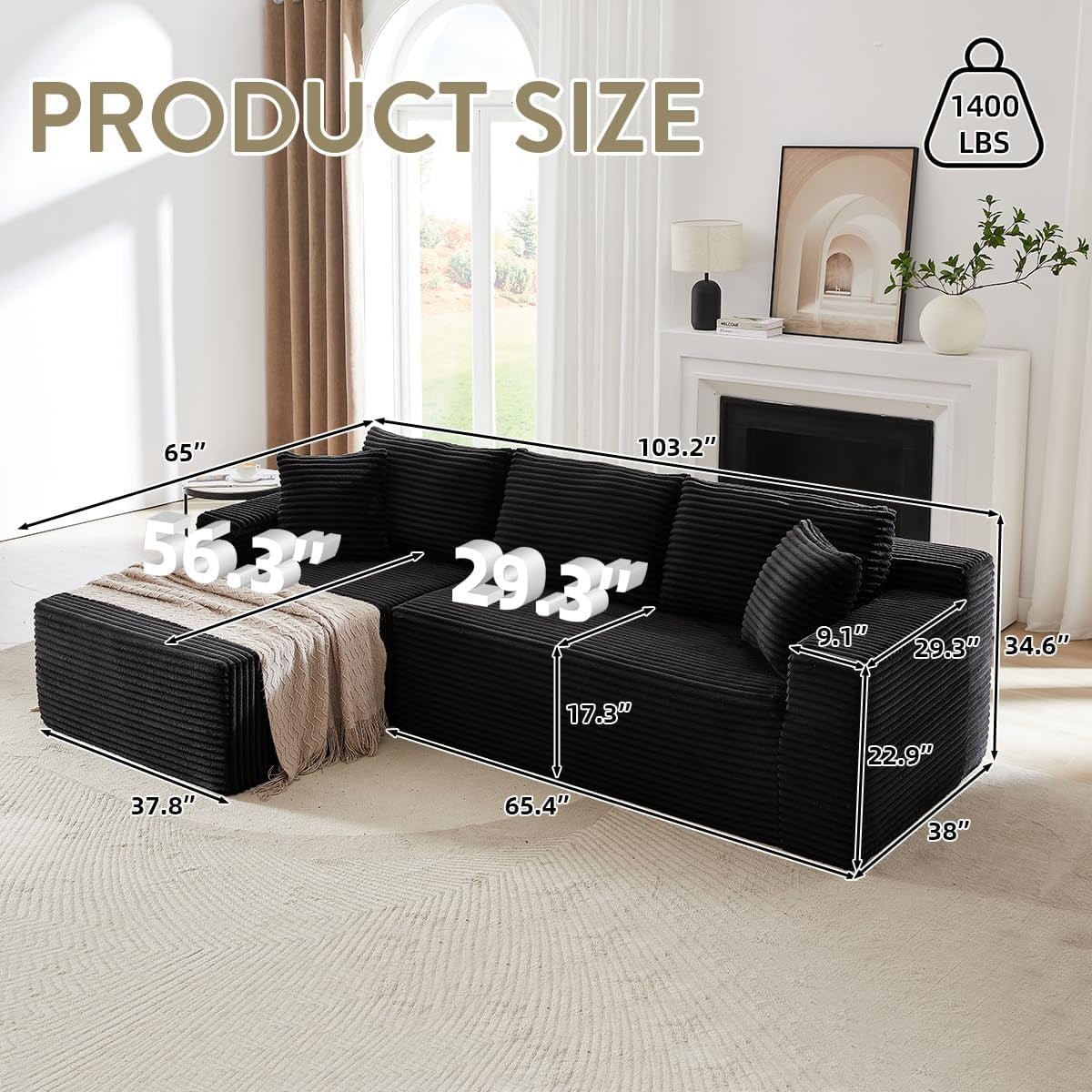 104 Inch L Shape Modular Sectional Couch with Chaise
