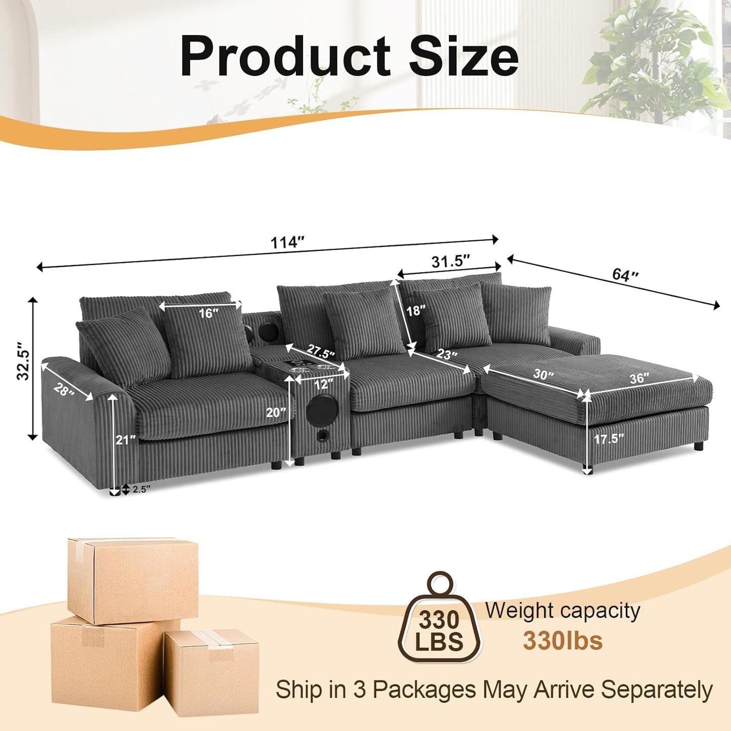 114 Inch Corduroy Sectional Couch With Bluetooth Speakers