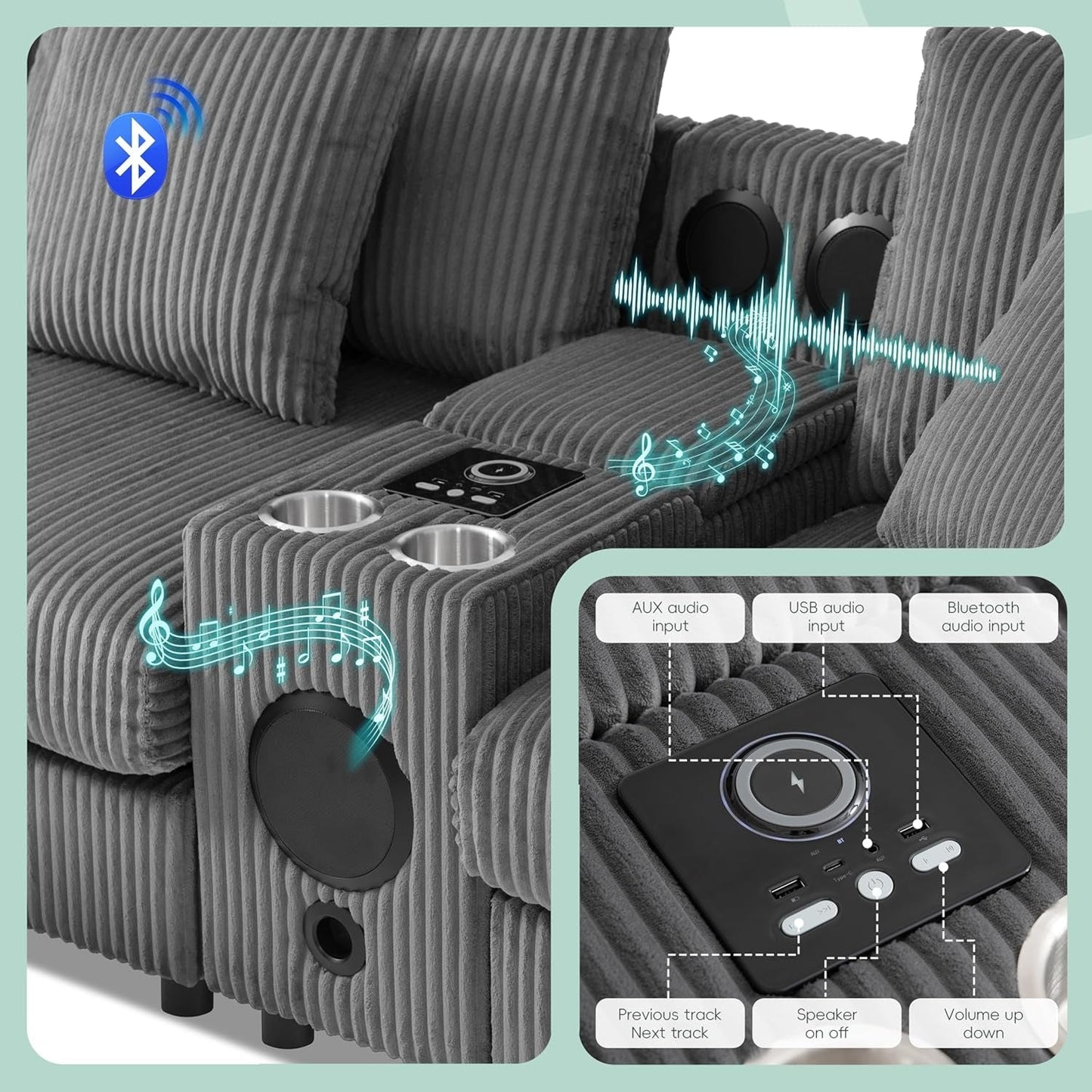 114 Inch Corduroy Sectional Couch With Bluetooth Speakers