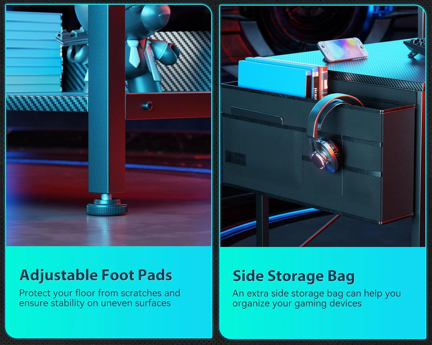 40 Inch Small L Shaped Gaming Computer Desk with Power Outlets, Corner Desk with Reversible Storage Shelves & PC Stand for Small Space, Modern Simple Home Office Table, Carbon Fiber Surface, Black-4