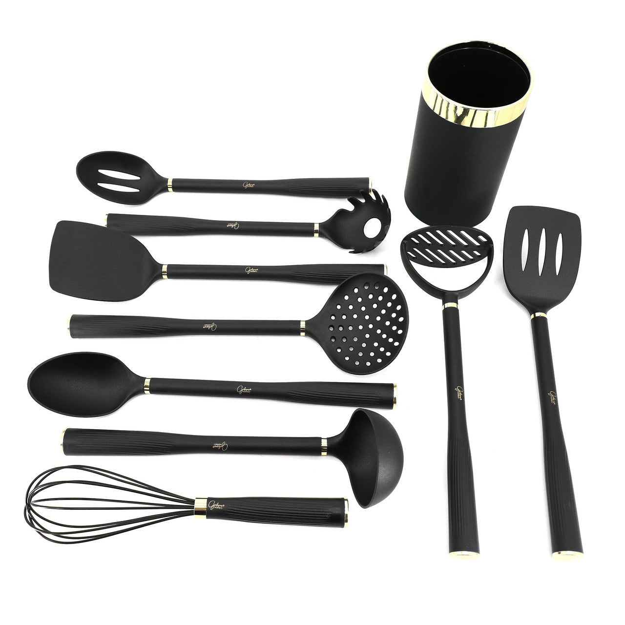 Gibson Home Hampsbridge 10 Piece Nylon Kitchen Tool Set and Utensil Crock in Black and Gold-0