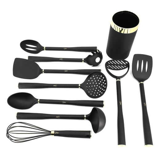 Gibson Home Hampsbridge 10 Piece Nylon Kitchen Tool Set and Utensil Crock in Black and Gold-0