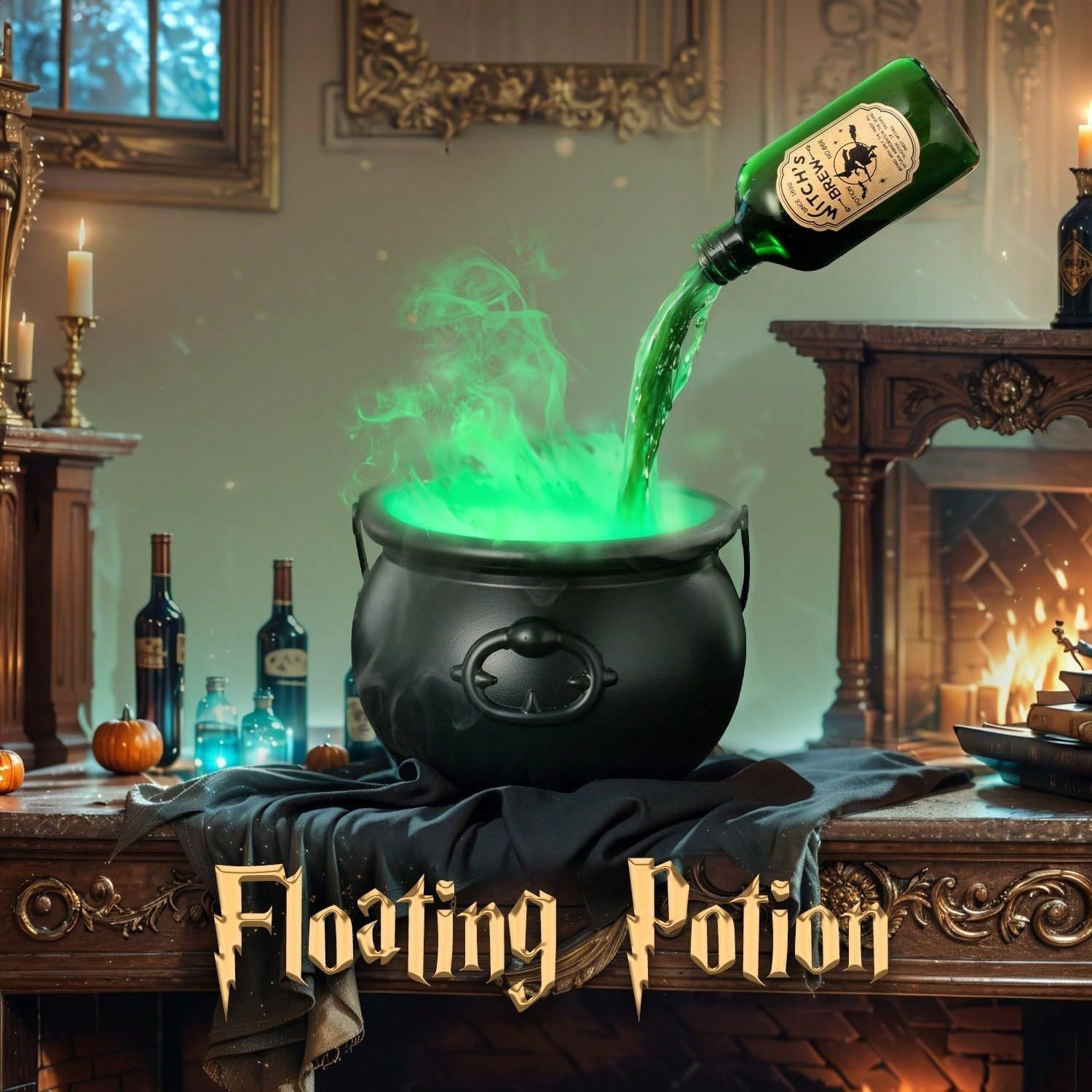 Witches Cauldron With Magic Floating Potion Bottles And Led Diffuser For Halloween Decoration-2