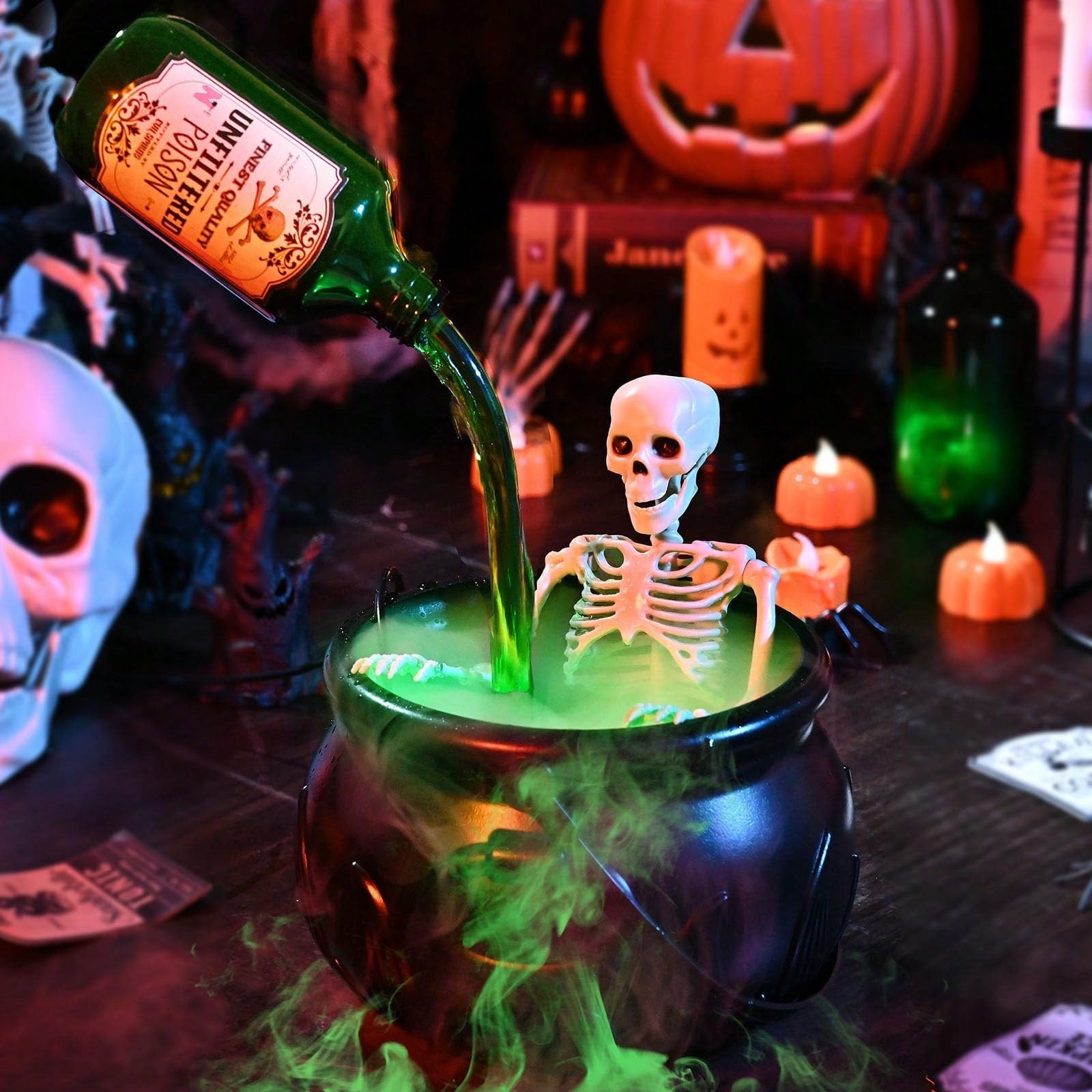 Witches Cauldron With Magic Floating Potion Bottles And Led Diffuser For Halloween Decoration-0