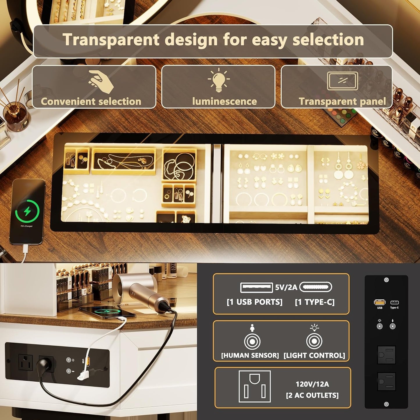 White Corner Vanity Mirror, Lights, Charging, Glass Top