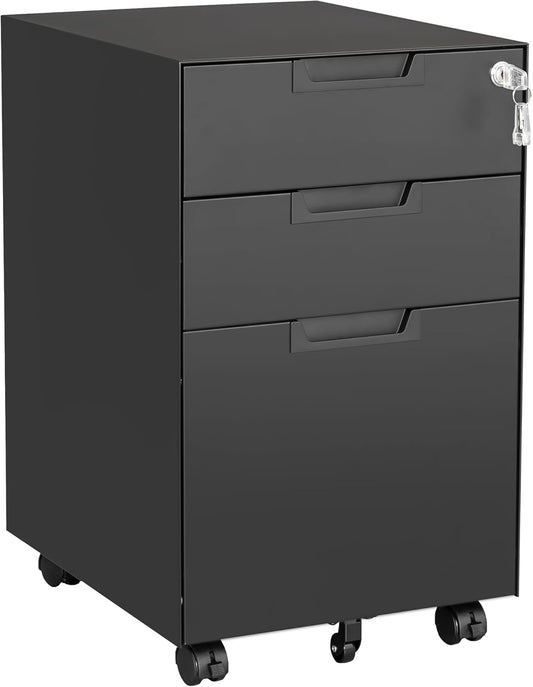 3 Drawer Mobile File Cabinet with Lock,Under Desk Metal Small Filing Cabinets for Home Office Organizer Letters/Legal/A4(Fully Assembled except Wheels-Black)