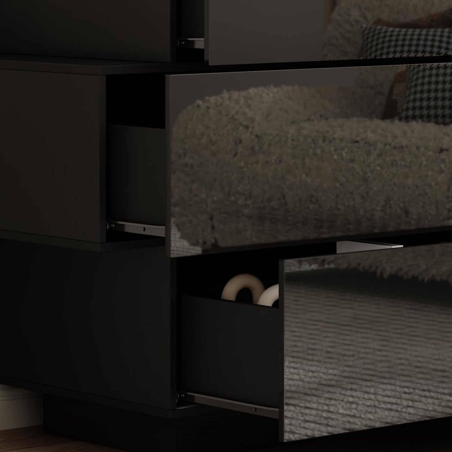 Balck Drawer Dresser for Bedroom, Modern High Gloss Dresser with 6 Drawers, Double Dresser Storage Chest of Drawer with Asymmetrical Design for Bedroom, Living Room, Entryway-4