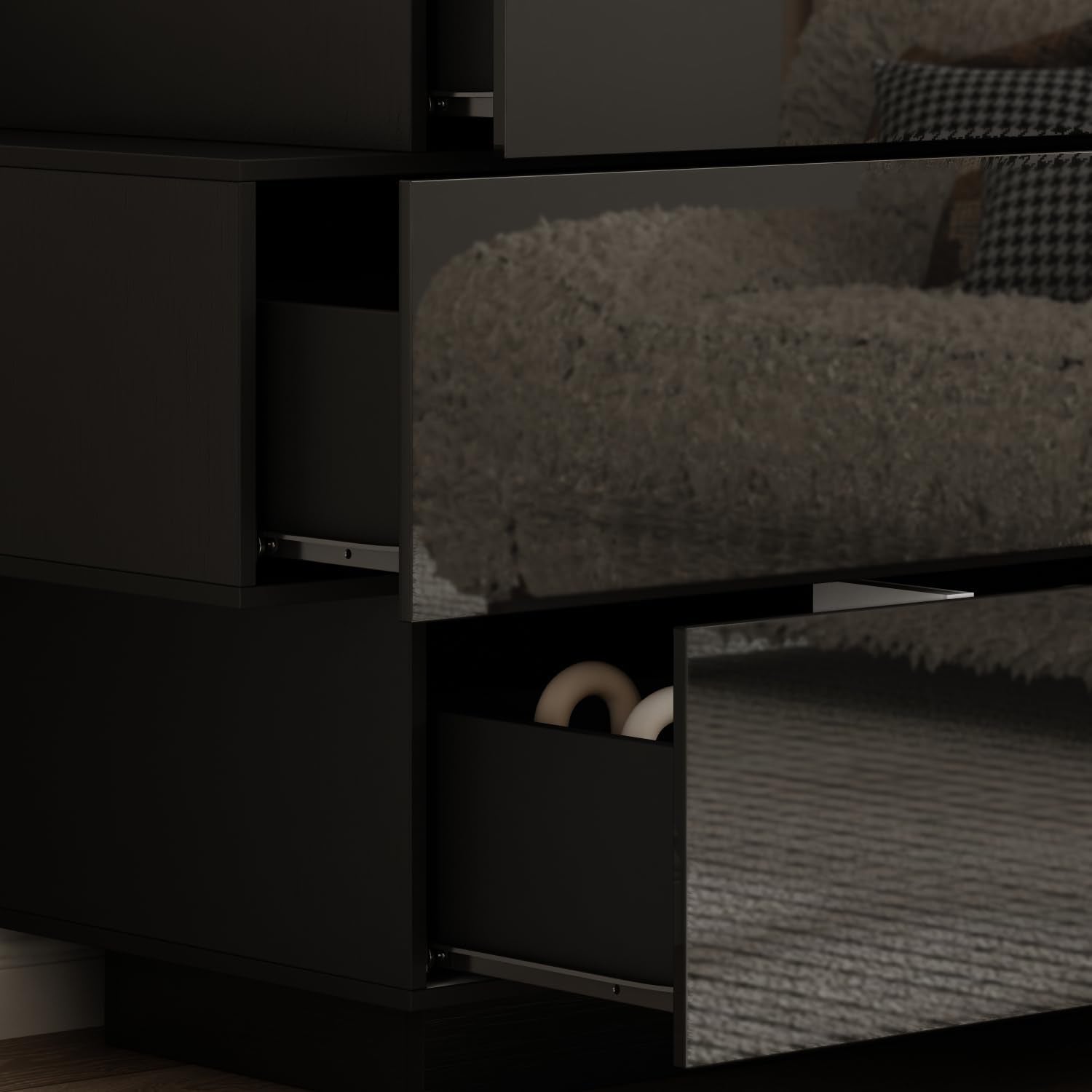 Balck Drawer Dresser for Bedroom, Modern High Gloss Dresser with 6 Drawers, Double Dresser Storage Chest of Drawer with Asymmetrical Design for Bedroom, Living Room, Entryway-4