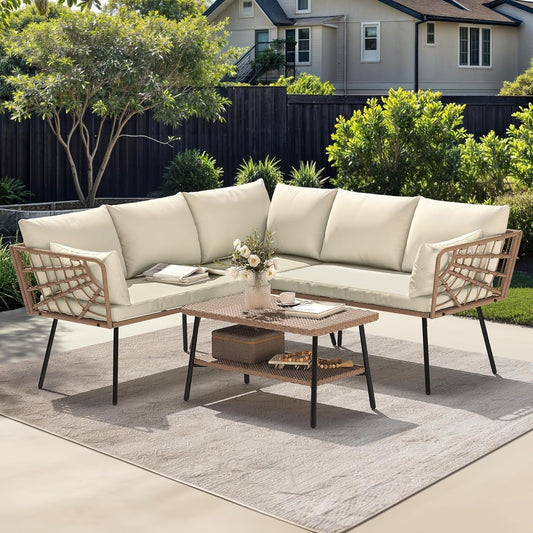 L Shape Outdoor Couch Set with Thick Cushions