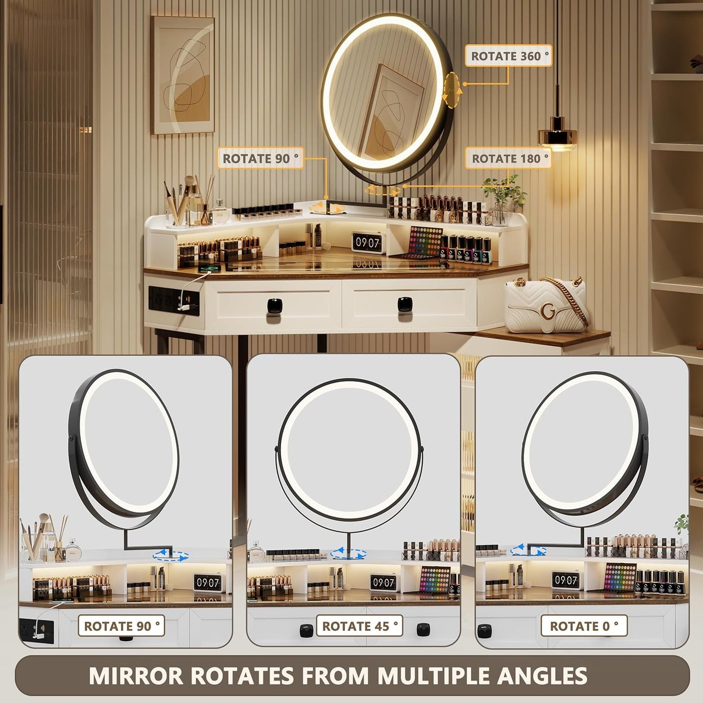 White Corner Vanity Mirror, Lights, Charging, Glass Top