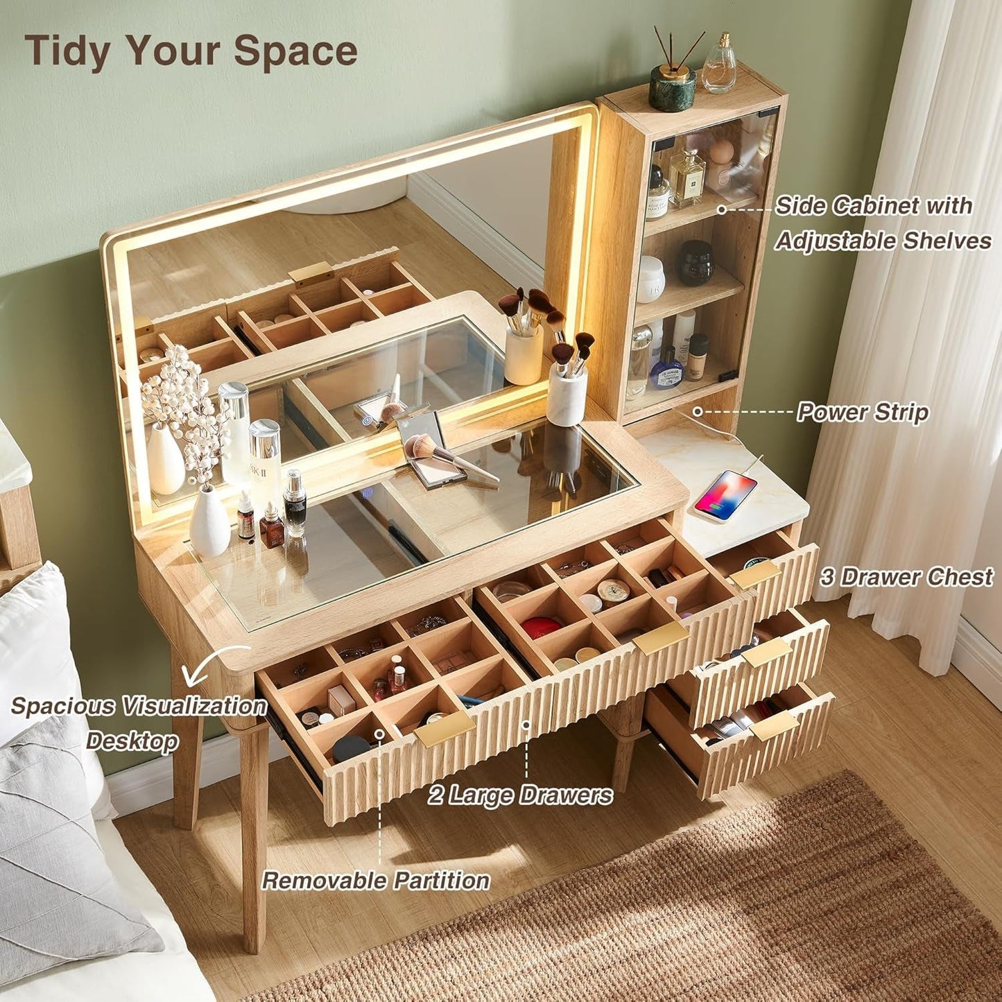 Oak Fluted Vanity Large Mirror, Lights, Drawers, Charge