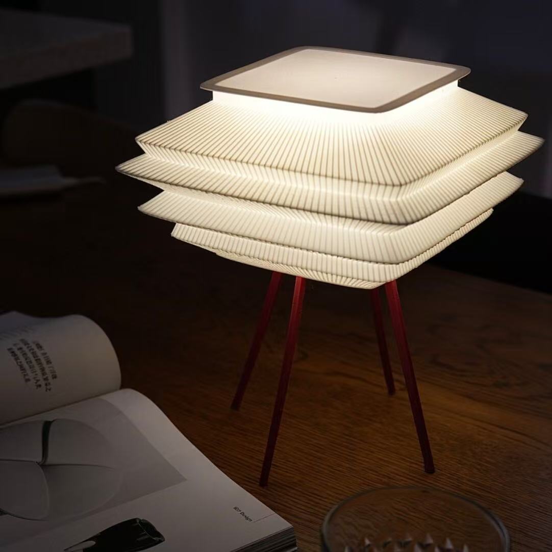 Modern Pleated Table Lamp – 3D Printed LED Desk Light with Red Tripod Base-0