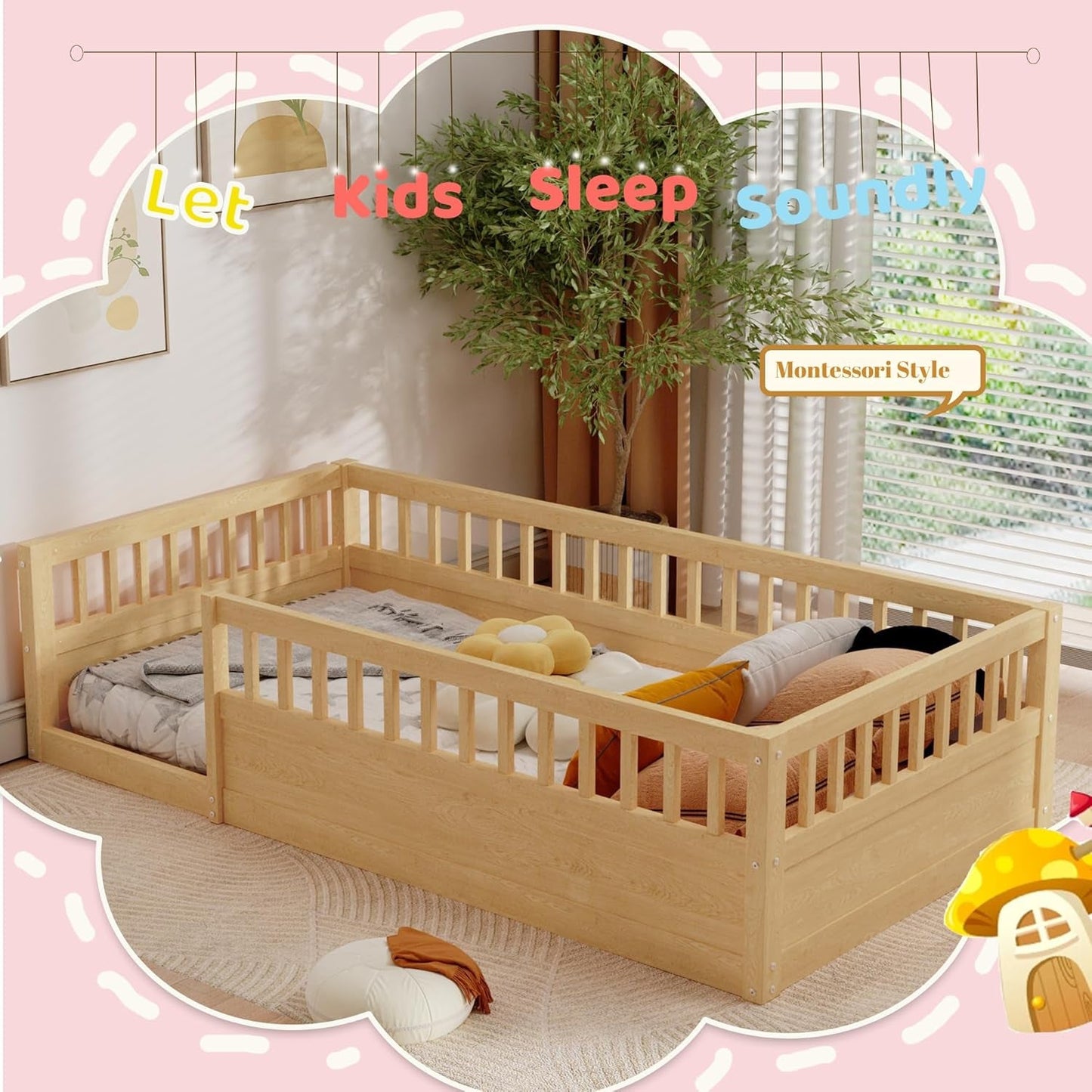 Twin Montessori Floor Bed with High Fence Natural-2