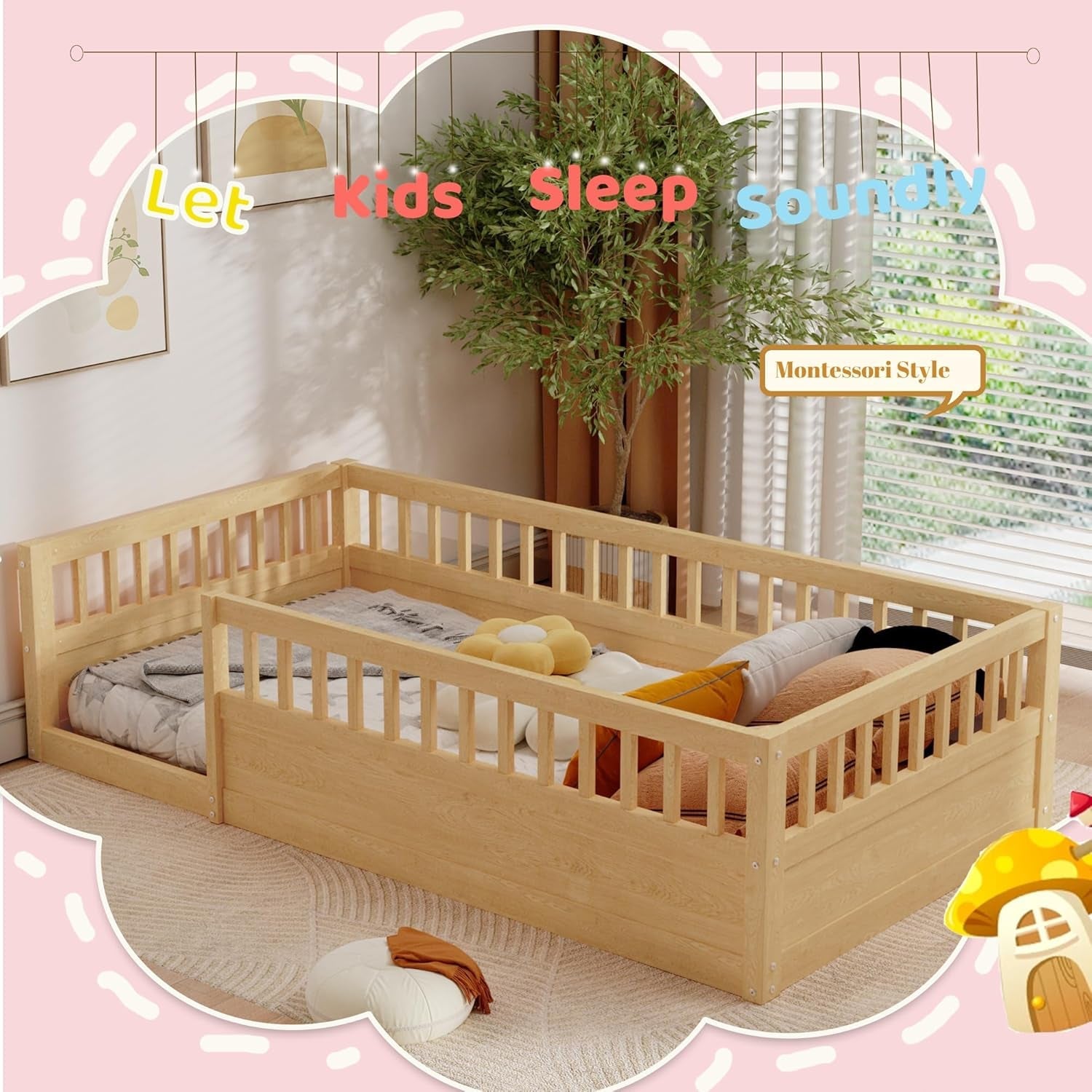 Twin Montessori Floor Bed with High Fence Natural-2