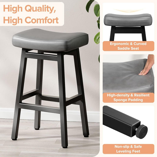 29 Inches Bar Stools Set of 2, Bar Height Barstools for Home Counter, Blackless Barstool with Bonded Leather Saddle Seats & Heavy Duty Metal Legs, Easy Assembly, All Black