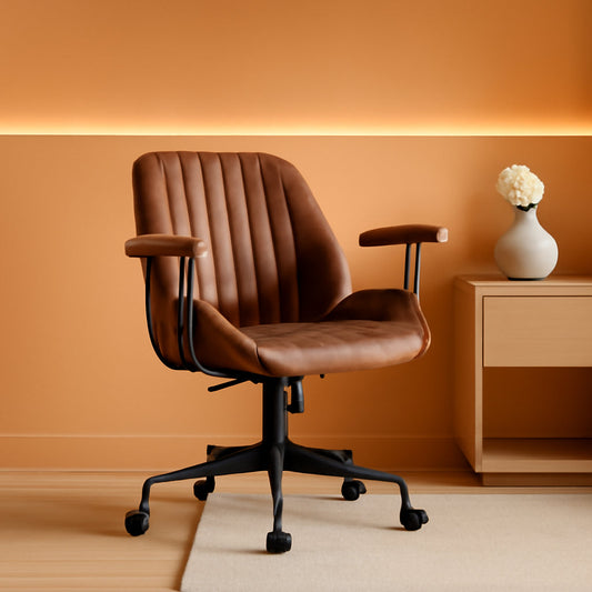 Ergonomic Home Office Chair, Mid-Century Modern Leather Chair, Mid Back Swivel Rolling Executive Chair with Armrest Wheels, Comfy Task Computer Desk Chair (Dark Brown, Suede Leather)-0