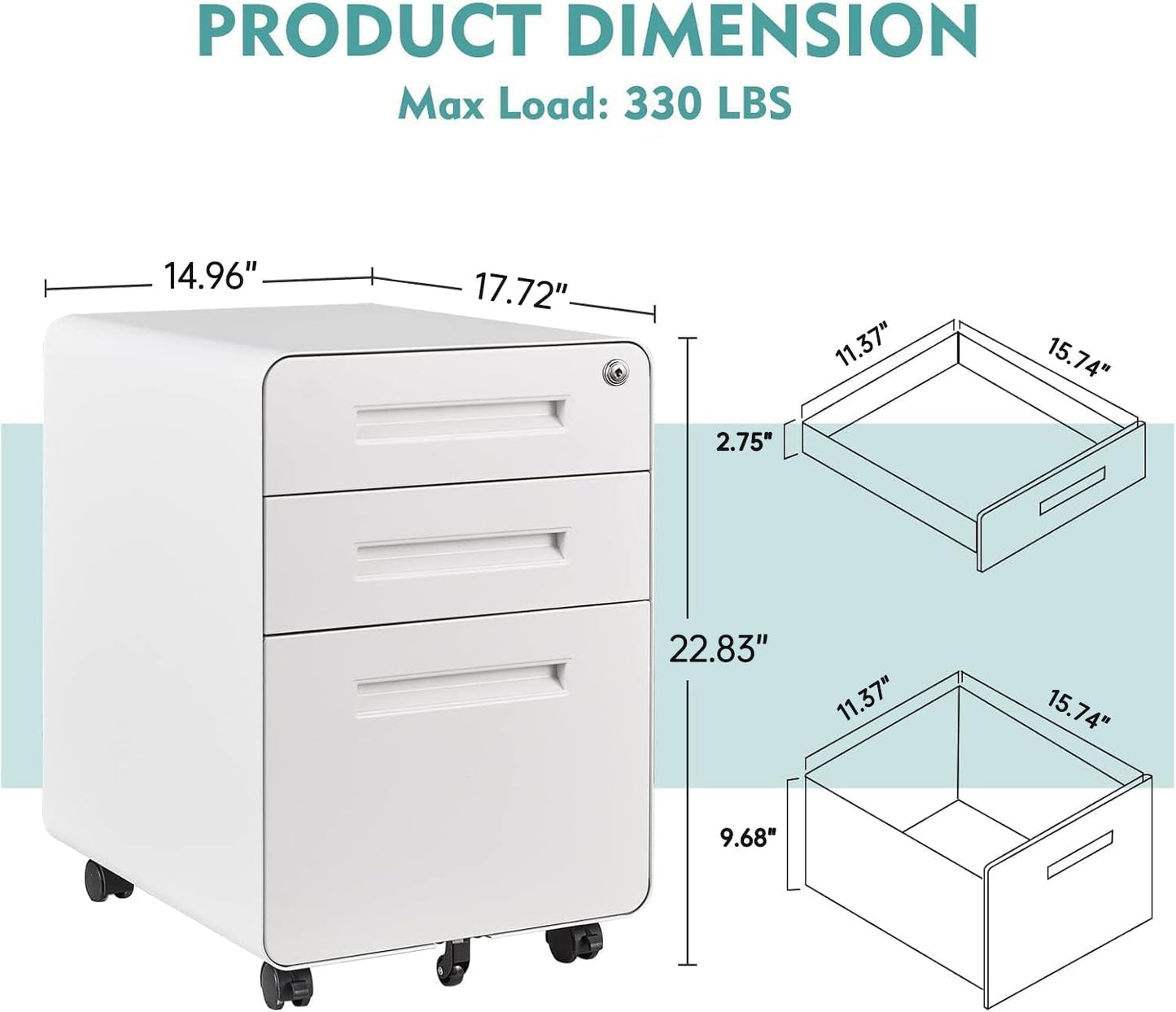 Mobile Filing Cabinet 3 Drawer, White Small File Cabinet with Lock under Desk, Filing Cabinet for Home Office with Wheels, A4/Letter/Legal Hanging File Folders-2