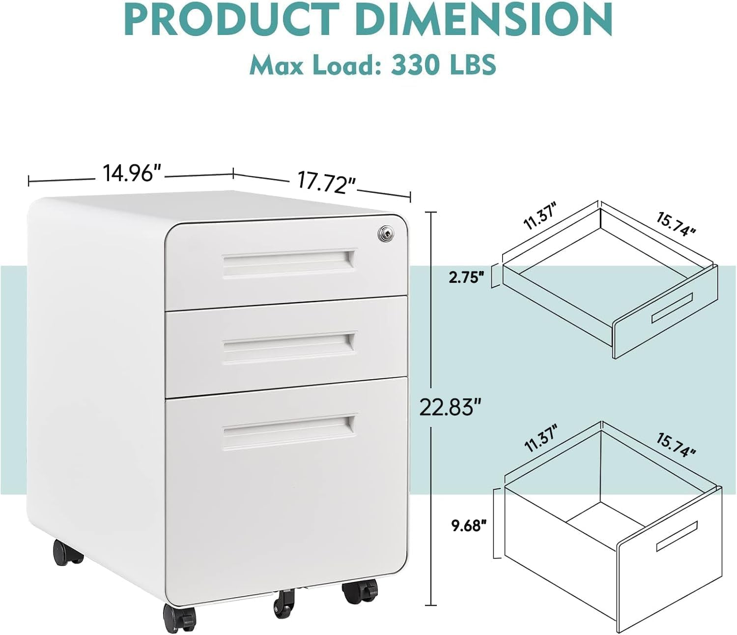 Mobile Filing Cabinet 3 Drawer, White Small File Cabinet with Lock under Desk, Filing Cabinet for Home Office with Wheels, A4/Letter/Legal Hanging File Folders-2