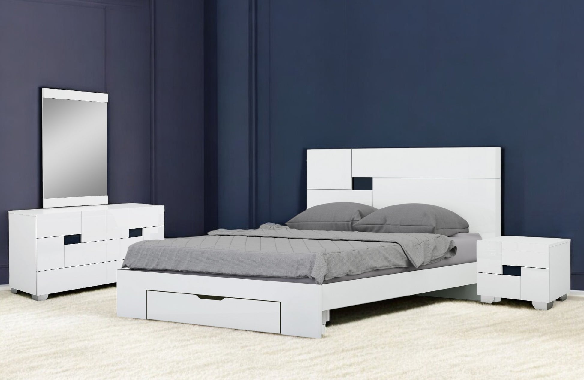 Four Piece White Solid Wood Bedroom Set With Mirror-1