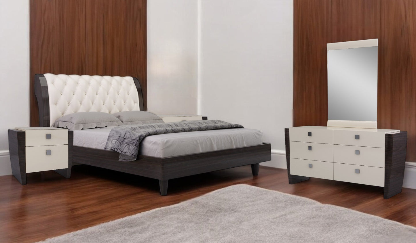 Beige Solid Wood Four Piece Bedroom Set With Mirror