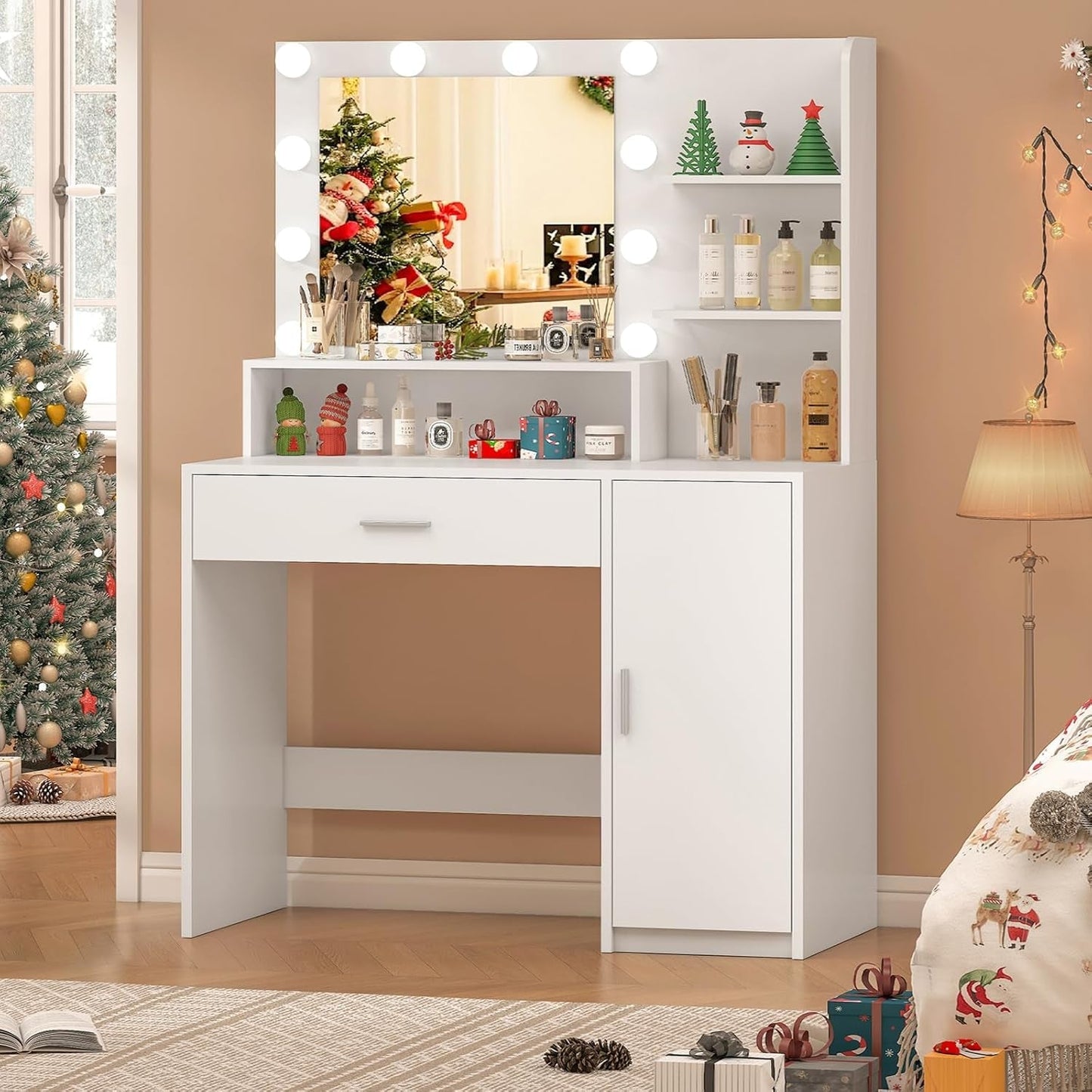 White Vanity Desk Mirror, Lights, Storage, Drawers, Shelves