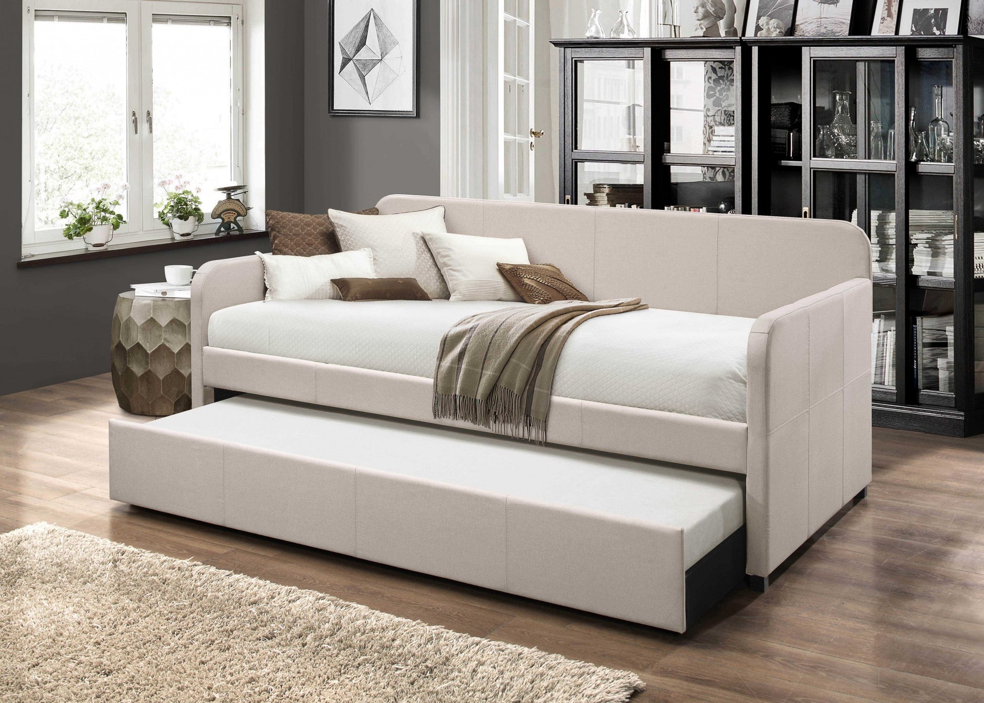 White and Light Gray Wood And Linen Twin Bed Frame-3