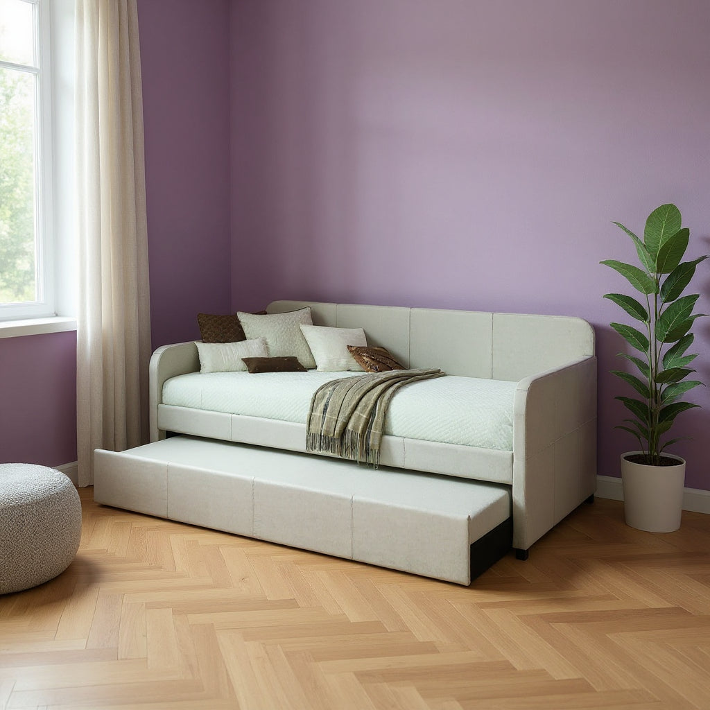 White and Light Gray Wood And Linen Twin Bed Frame-0