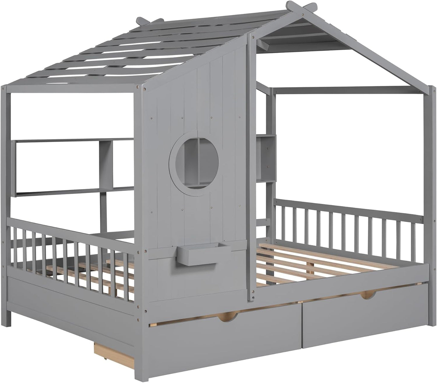 Kids Full Playhouse Bed with Drawers Shelves