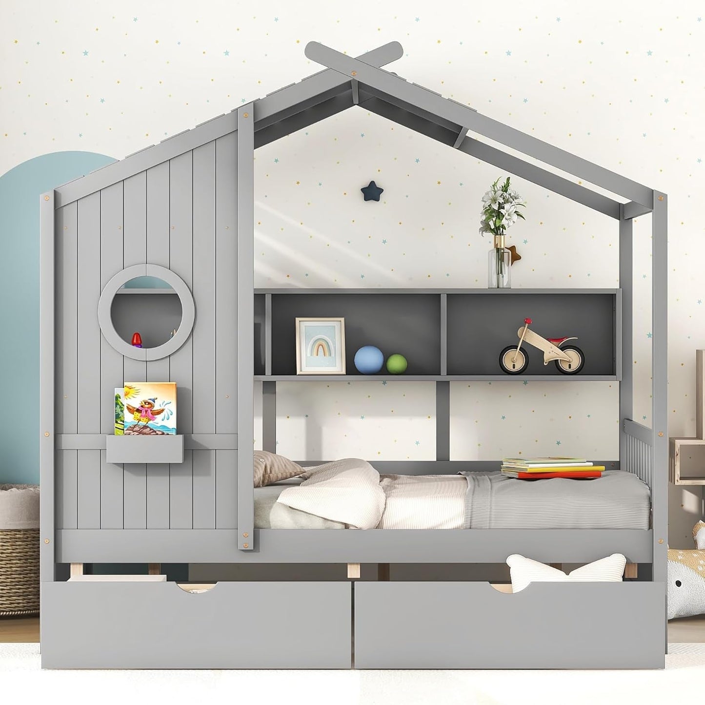 Kids Full Playhouse Bed with Drawers Shelves