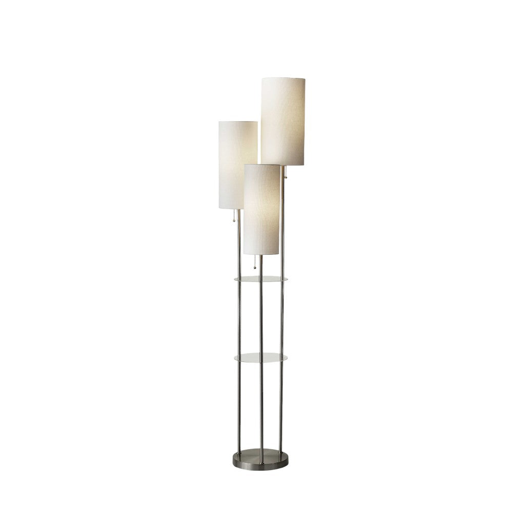 68" Silver Three Light Novelty Floor Lamp With White Linen Cylinder Shade-1