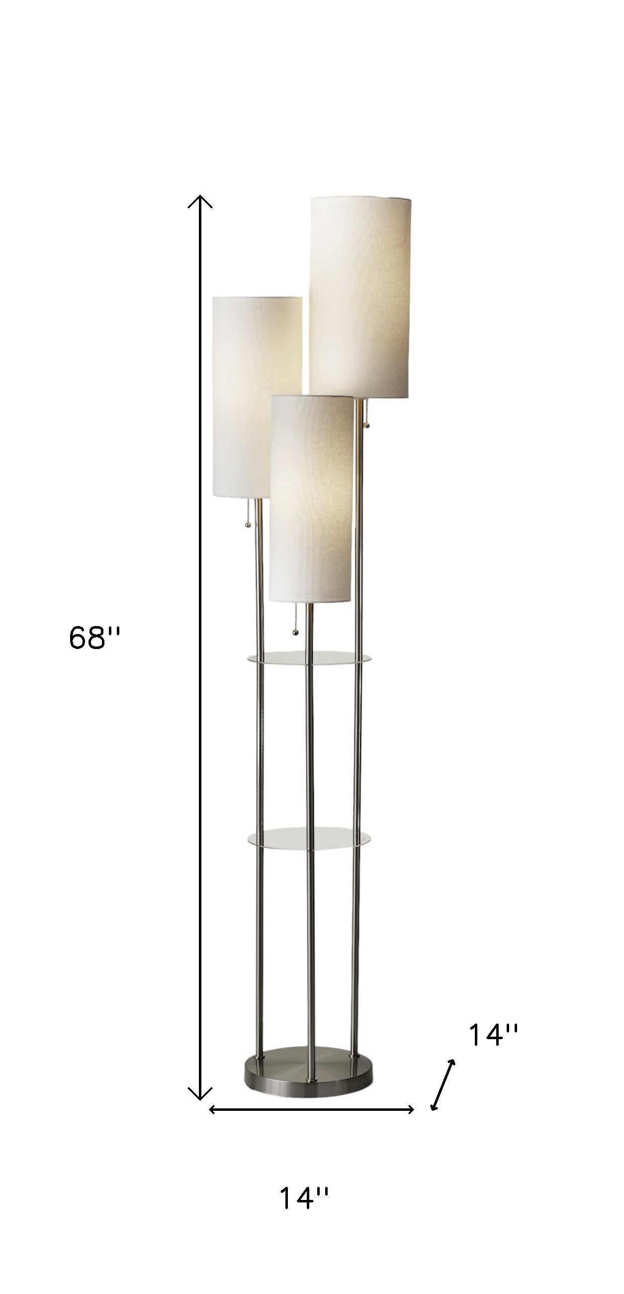 68" Silver Three Light Novelty Floor Lamp With White Linen Cylinder Shade-8