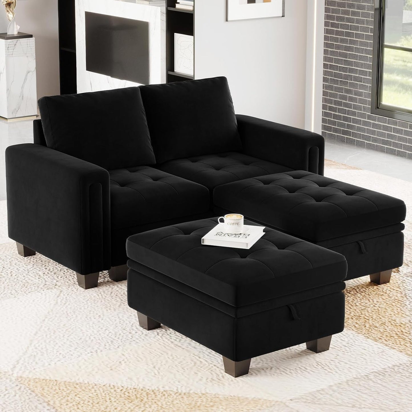 Velvet Modular Sectional Sofa Couch with Storage Convertible Sectional Sleeper Sofa Couch Bed Set with Reversible Chaise Black