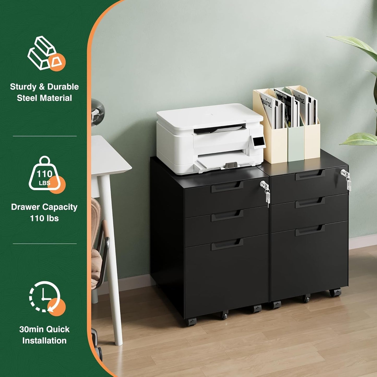 3 Drawer Mobile File Cabinet with Lock,Under Desk Metal Small Filing Cabinets for Home Office Organizer Letters/Legal/A4(Fully Assembled except Wheels-Black)
