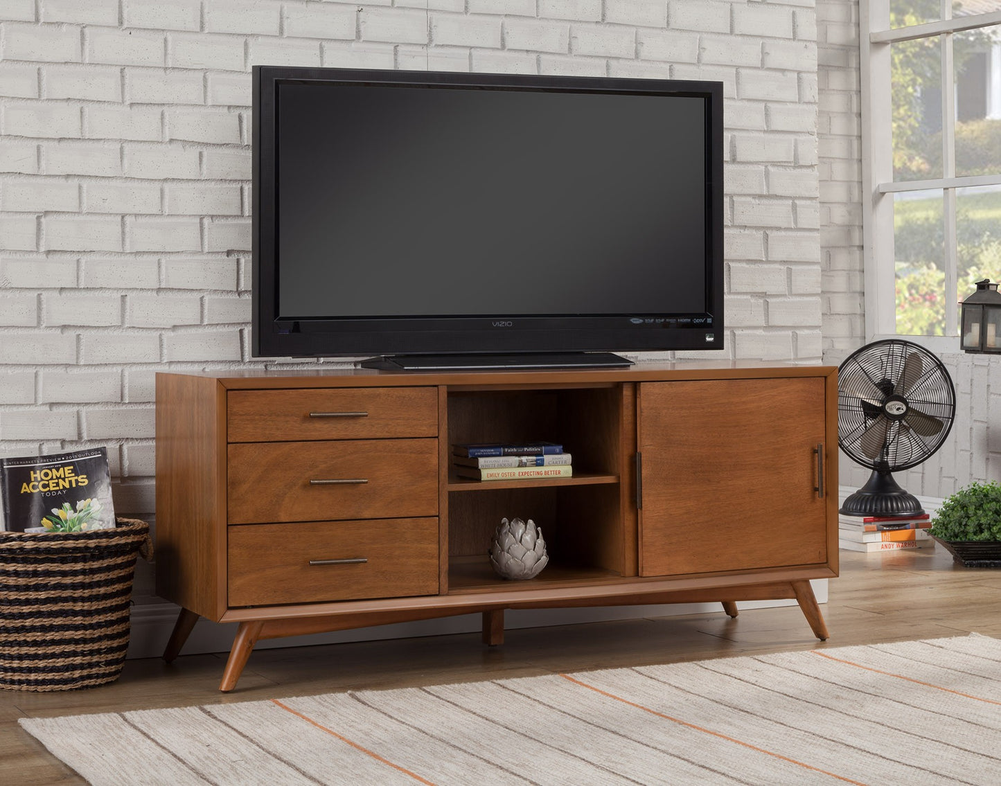 Brown Wood 64 Inch TV Stand With Sliding Door And Drawers