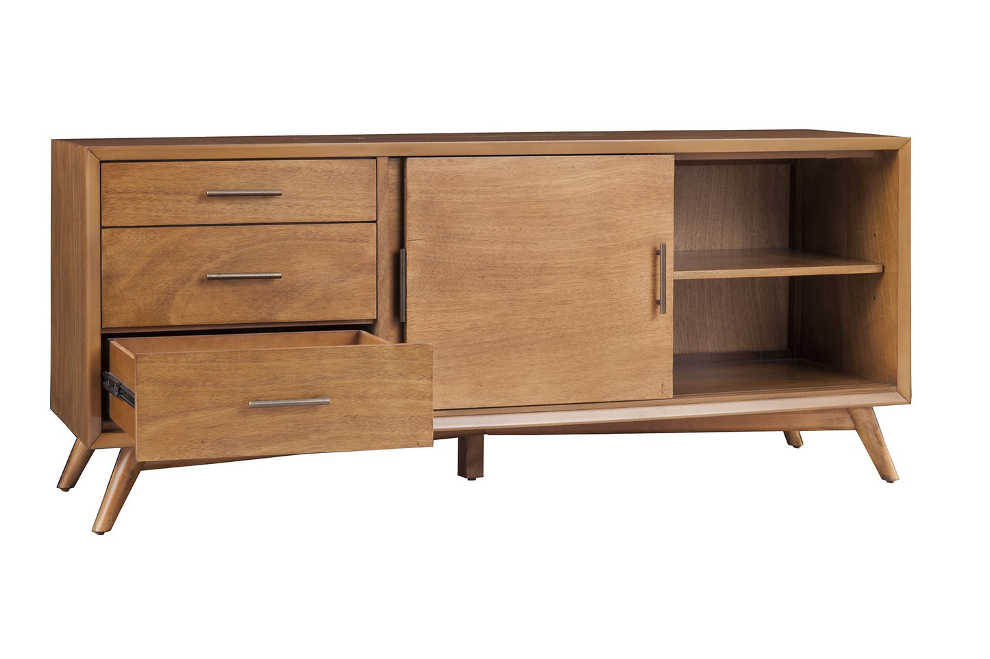 Brown Wood 64 Inch TV Stand With Sliding Door And Drawers