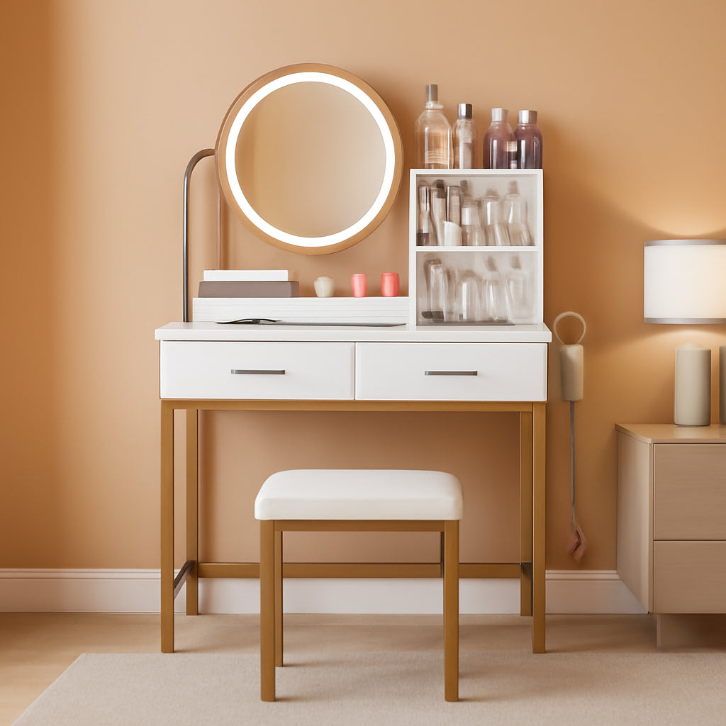 White Vanity Round Mirror, Lights, Charging, Small Bedroom-0