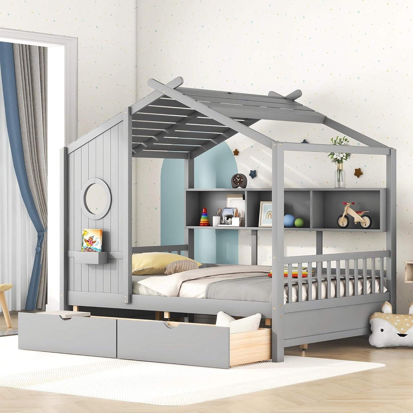 Kids Full Playhouse Bed with Drawers Shelves